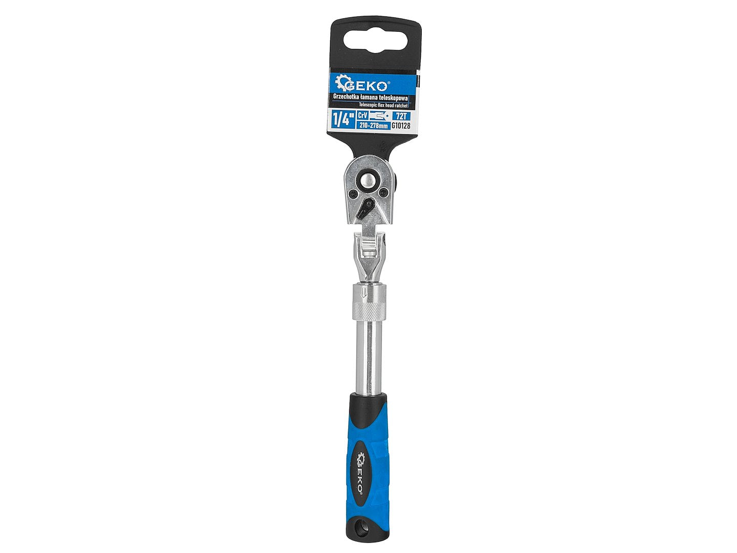 Cheie cu clichet cu cap flexibil si maner telescopic, 1 / 4", 210-278 mm, 72 T, Cr-V, Geko G10128