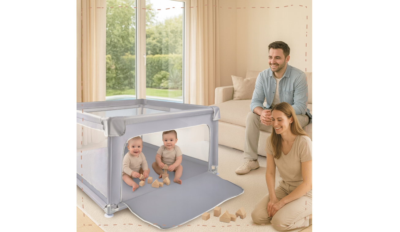 Tarc de joaca pentru copii cu buzunar din plasa Kivo, 120 x 120 cm, gri, MalPlay 113160