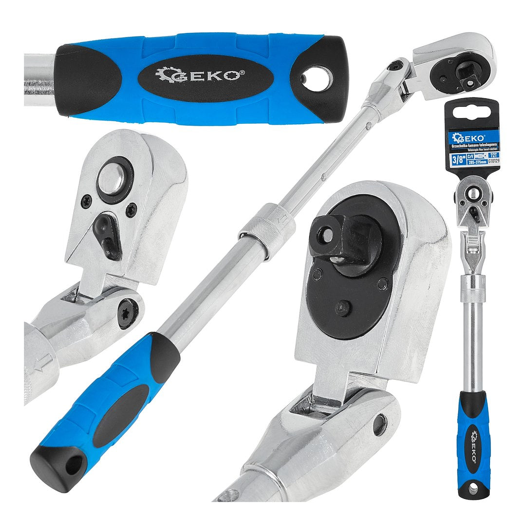 Cheie cu clichet cu cap flexibil si maner telescopic, 3 / 8", 285-375 mm, 72 T, Cr-V, Geko G10129