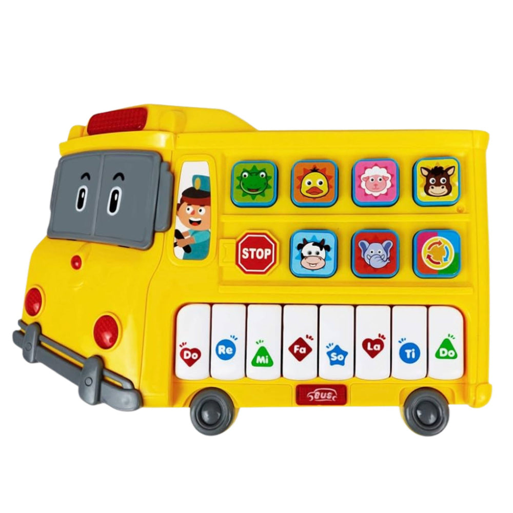 Pian educational autobuz galben, 6 butoane cu animale, 8 clape muzicale, 23 x 18 x 6 cm, Lean 23717