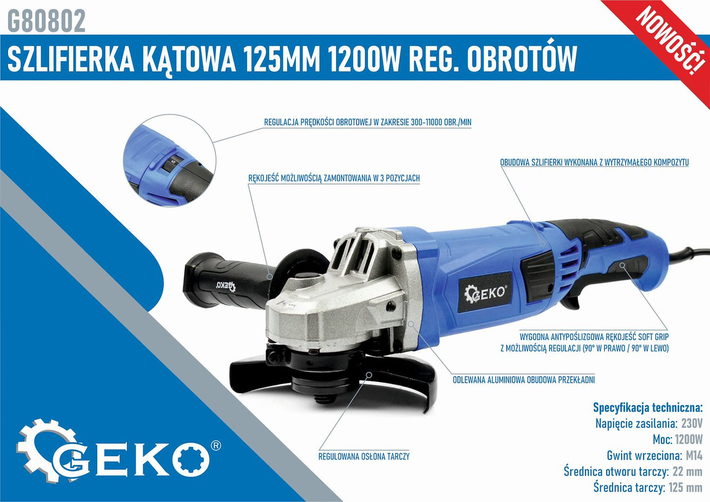 Polizor unghiular, 125 mm, 1200 W, viteza variabila, Geko G80802