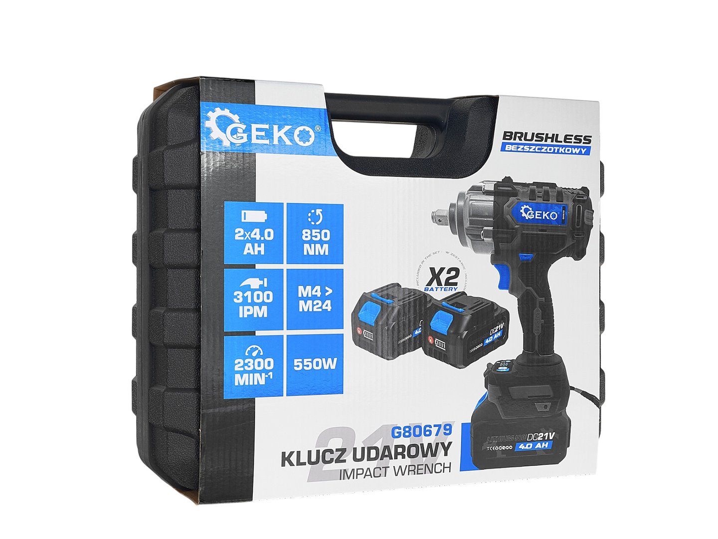 Cheie de impact pentru roti cu acumulator, 850Nm, 2x4.0Ah, 21V, Geko G80679