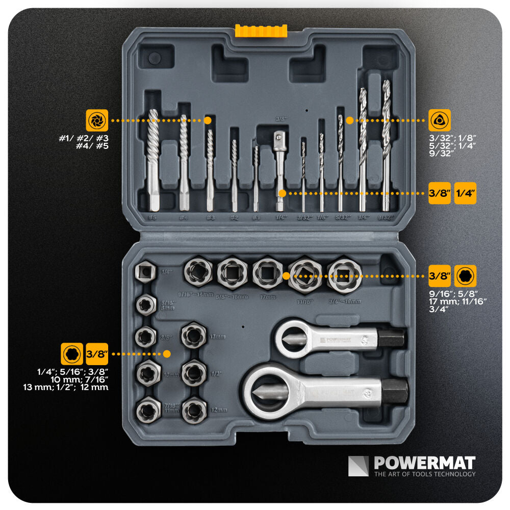 Kit extractoare pentru indepartarea suruburilor PM-ZPWN-26T, 26 bucati, Powermat PM1617