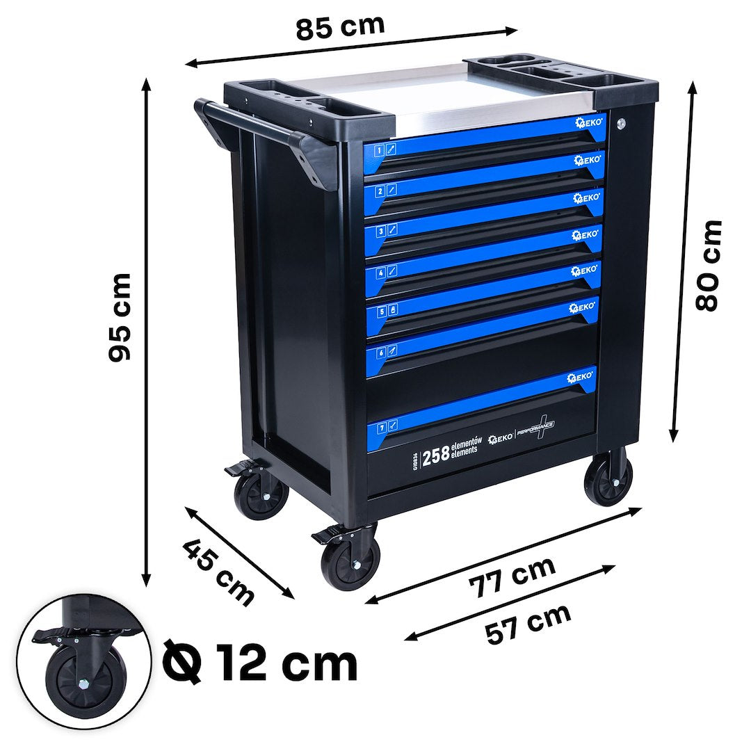 Dulap pentru atelier cu scule, 7 sertare, 258 bucati, Geko G10836