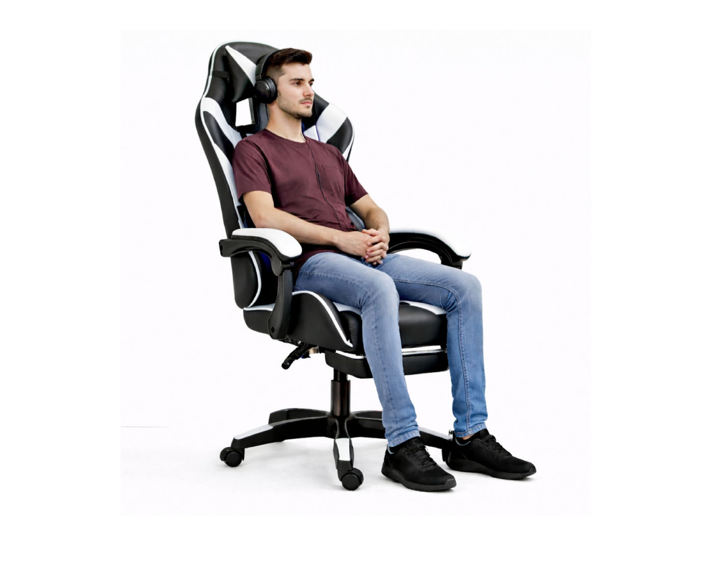 Scaun pentru gaming rotativ cu suport pentru picioare, negru / alb, Lean 30553