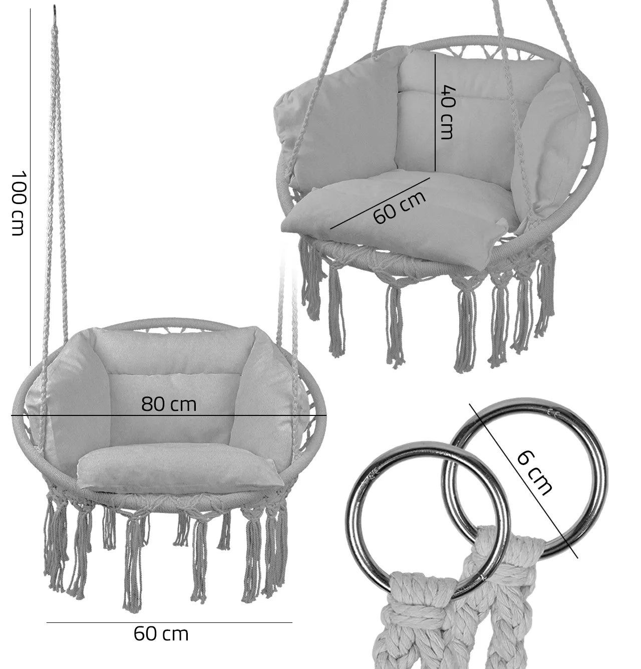 Scaun suspendat de gradina cu perne Sunwaal, 60x40x80x110x130x100 cm, cadru metalic, capacitate maxim 150 kg, gri, MalTec 112862