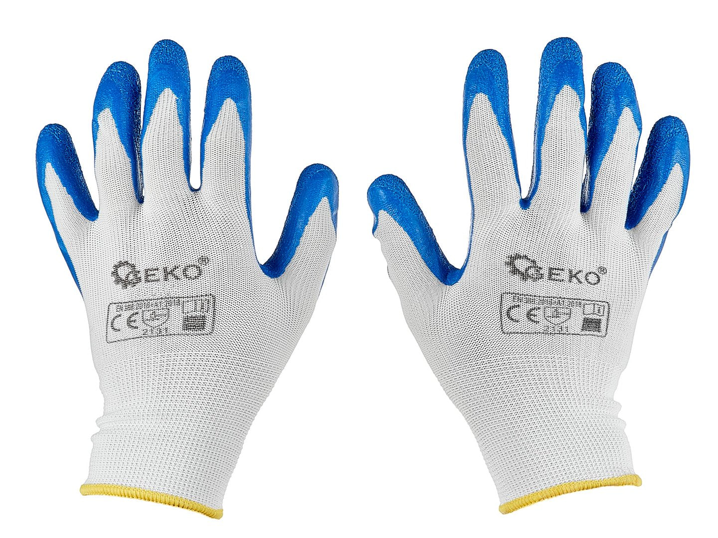 Manusi de protectie din poliester si acoperite cu latex, marimea 8, alb / albastru, Geko G75047