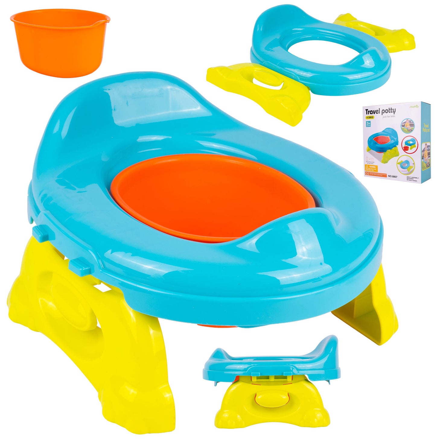 Olita portabila 2 in 1 pentru copii (suport toaleta si olita), albastru / galben / portocaliu, MalPlay 111558