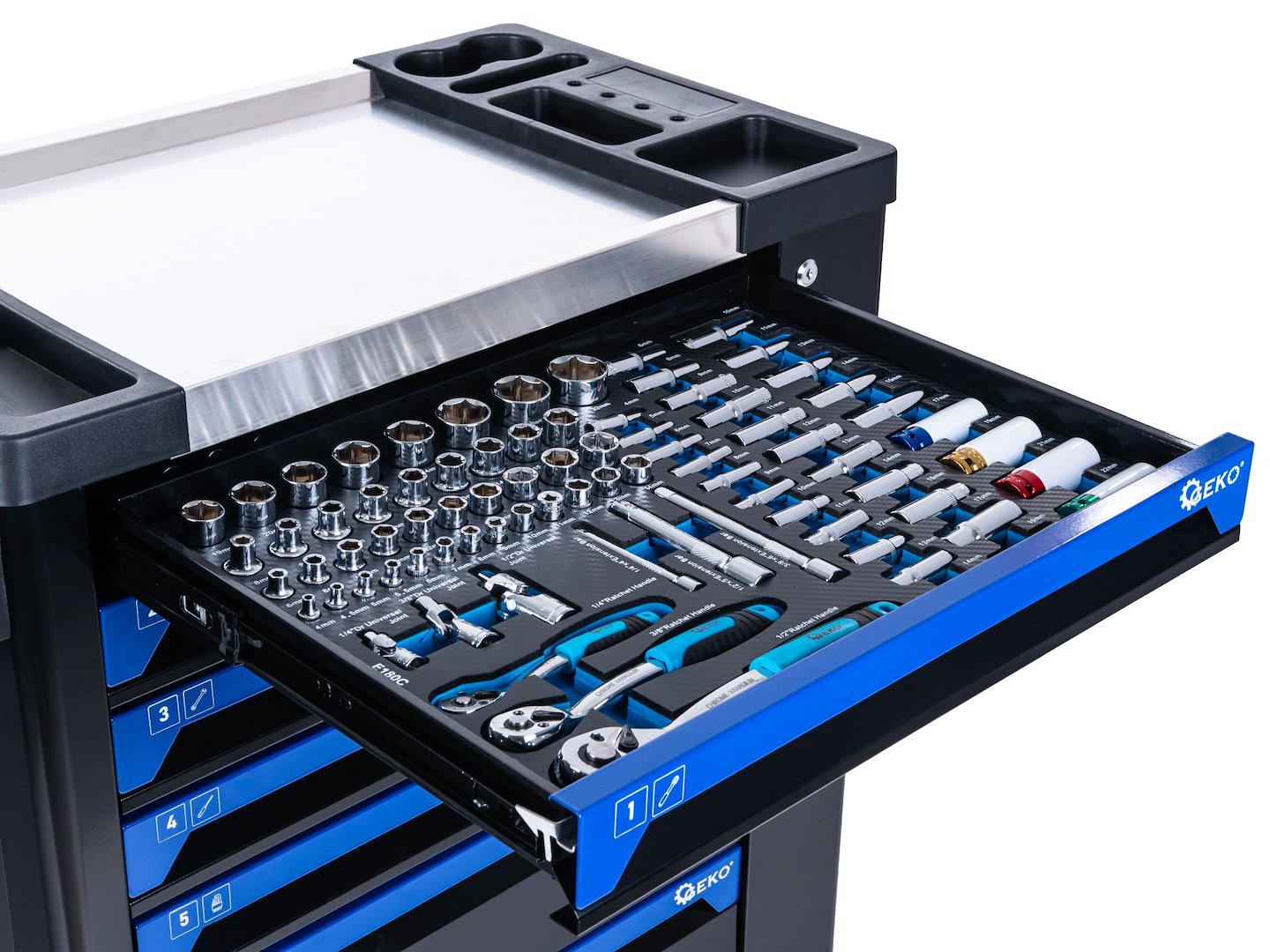 Dulap pentru atelier cu scule, 7 sertare, 258 bucati, Geko G10836