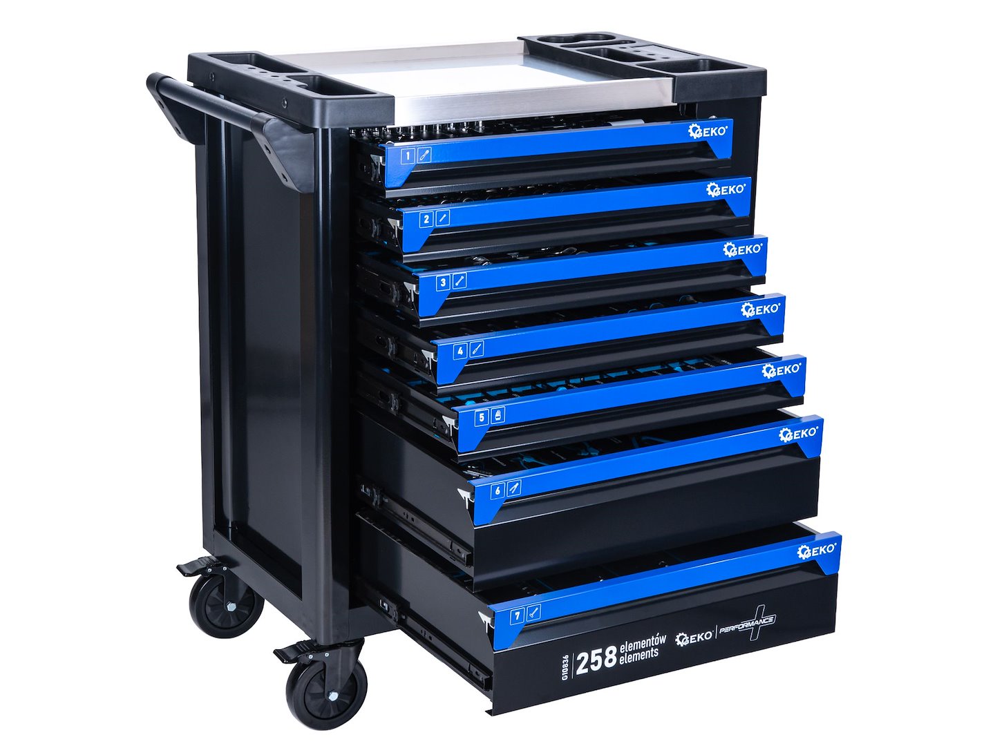 Dulap pentru atelier cu scule, 7 sertare, 258 bucati, Geko G10836