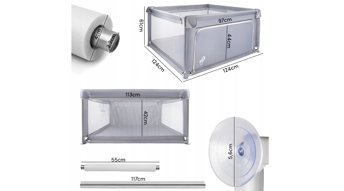 Tarc de joaca pentru copii cu buzunar din plasa Kivo, 120 x 120 cm, gri, MalPlay 113160