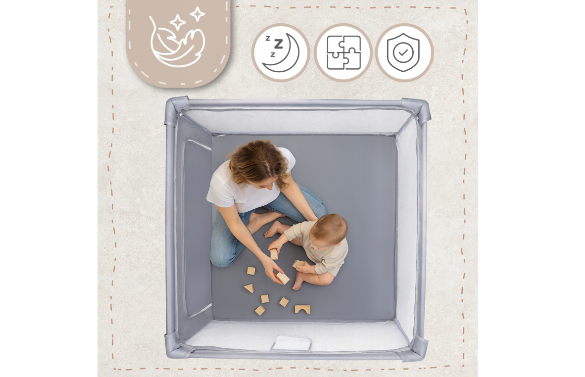 Tarc de joaca pentru copii cu buzunar din plasa Kivo, 120 x 120 cm, gri, MalPlay 113160