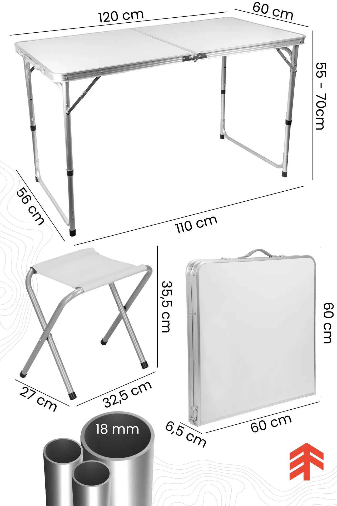 Set masa 120 x 60 x 70/60/54 cm si 4 scaune pliabile pentru camping 27 x 32,5 x 35,5 cm, MalTec 112755