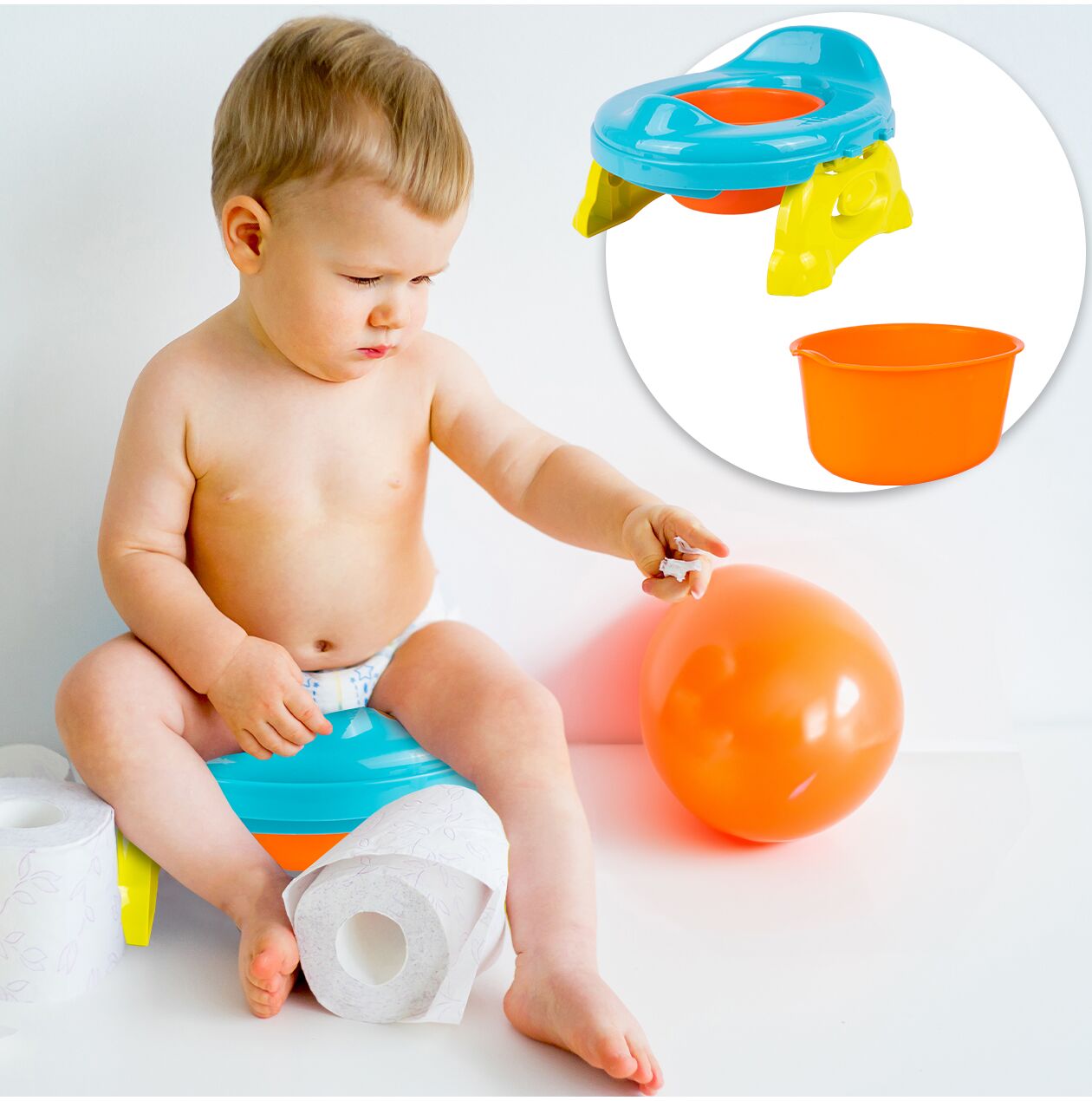 Olita portabila 2 in 1 pentru copii (suport toaleta si olita), albastru / galben / portocaliu, MalPlay 111558