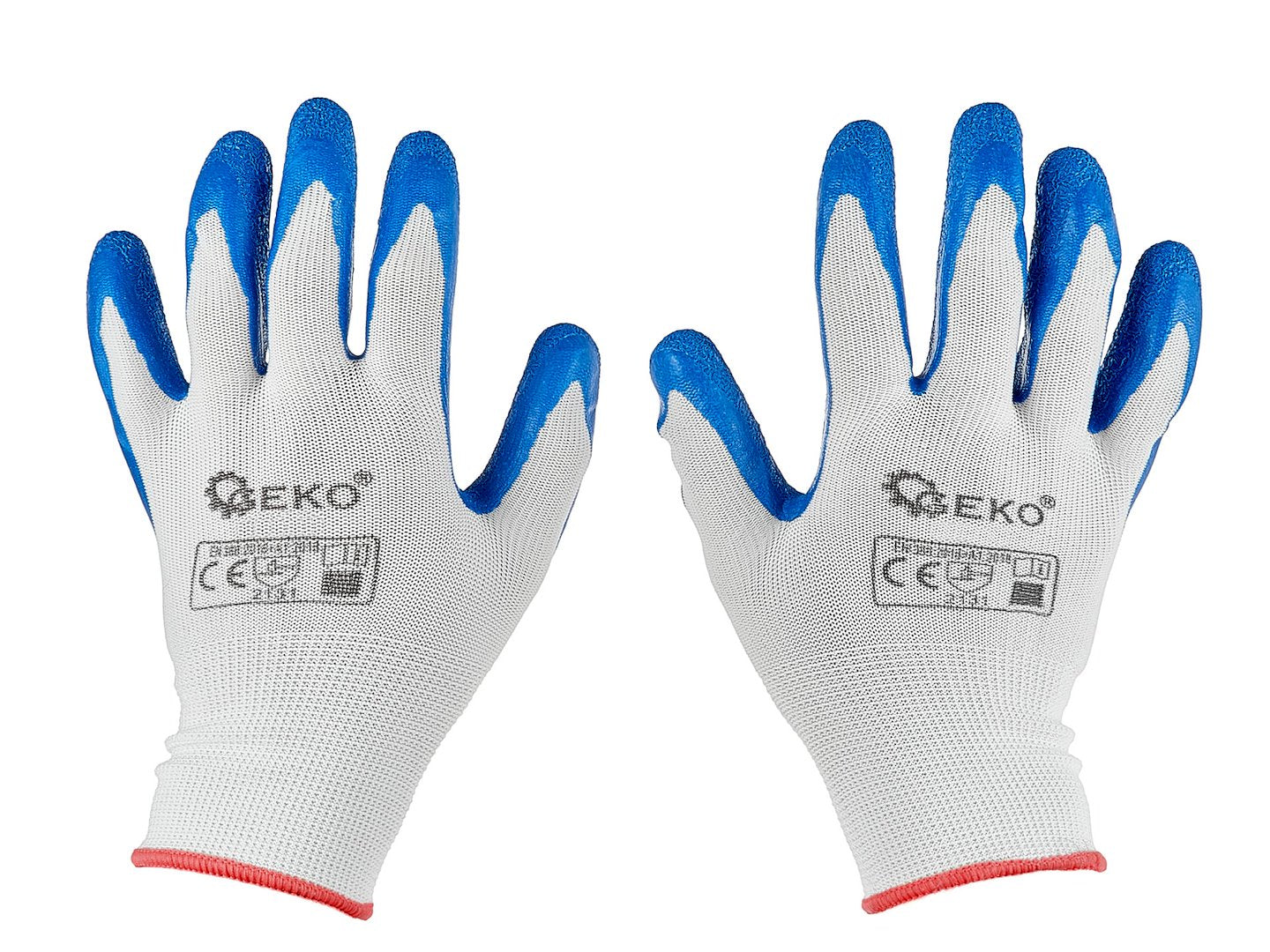 Manusi de protectie din poliester si acoperite cu latex, marimea 7, alb / albastru, Geko G75046
