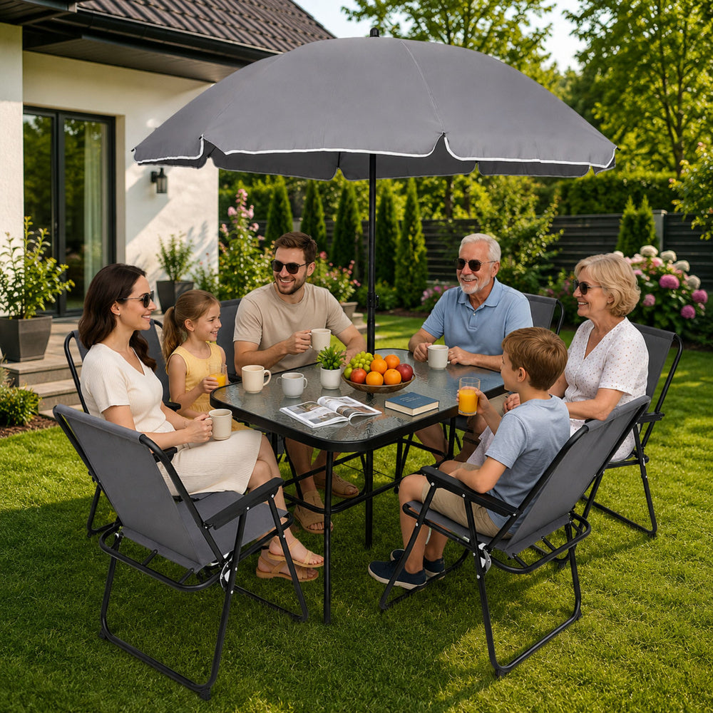 Set mobilier de gradina cu masa, 6 scaune si umbrela, Lean 29485