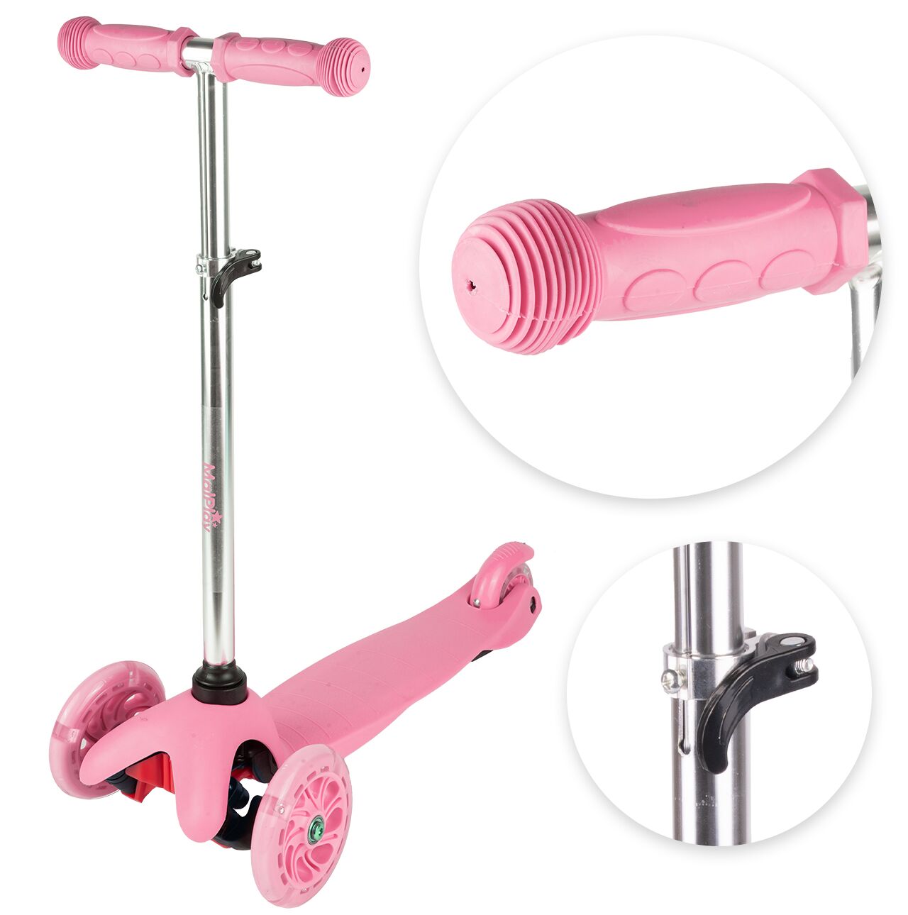 Trotineta cu 3 roti pentru copii cu roti luminoase LED, roz, MalPlay 111334