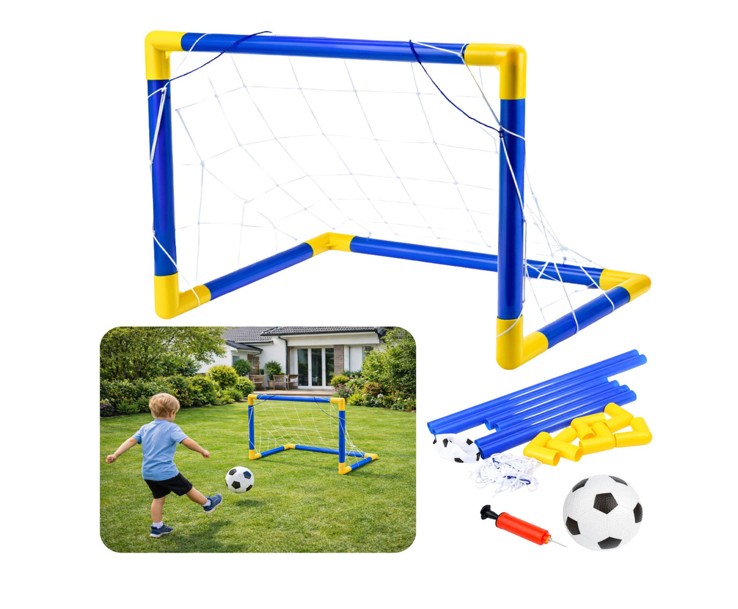 Set poarta de fotbal cu minge si pompa, 62 x 40 cm, albastru / galben, Lean 30510