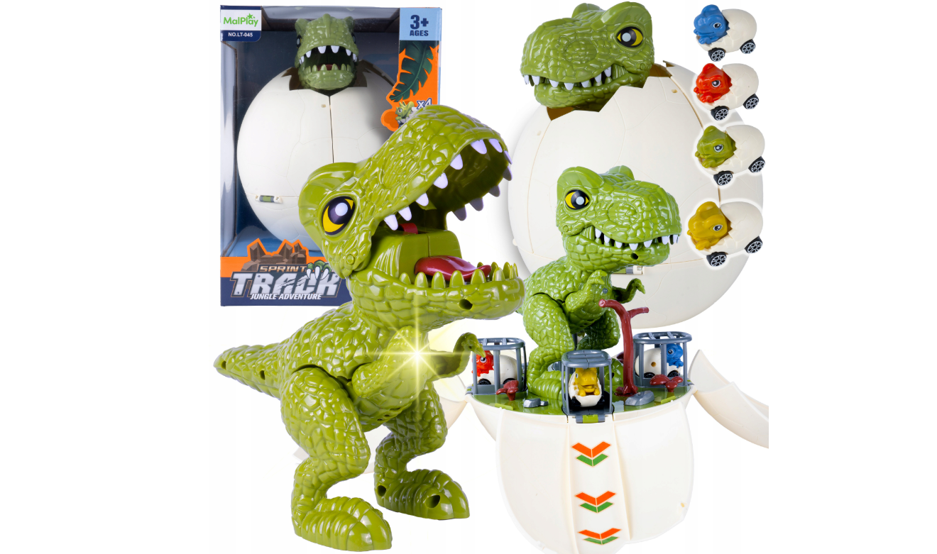 Jucarie interactiva dinozaur tip lansator cu pista 2 in 1, MalPlay 112433