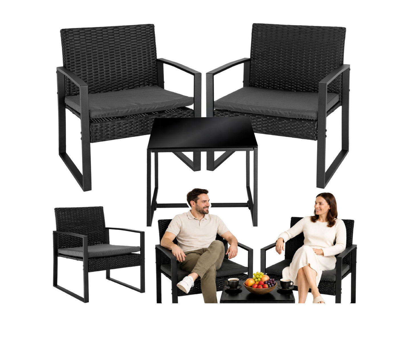 Set mobilier de gradina din ratan cu masuta de cafea, 2 scaune, negru, Lean 29244