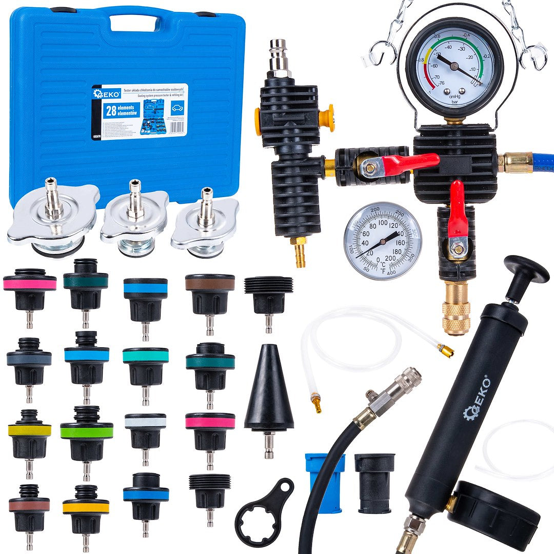 Kit tester profesional pentru radiatoare si sisteme de racire, 28 piese, Geko G02678