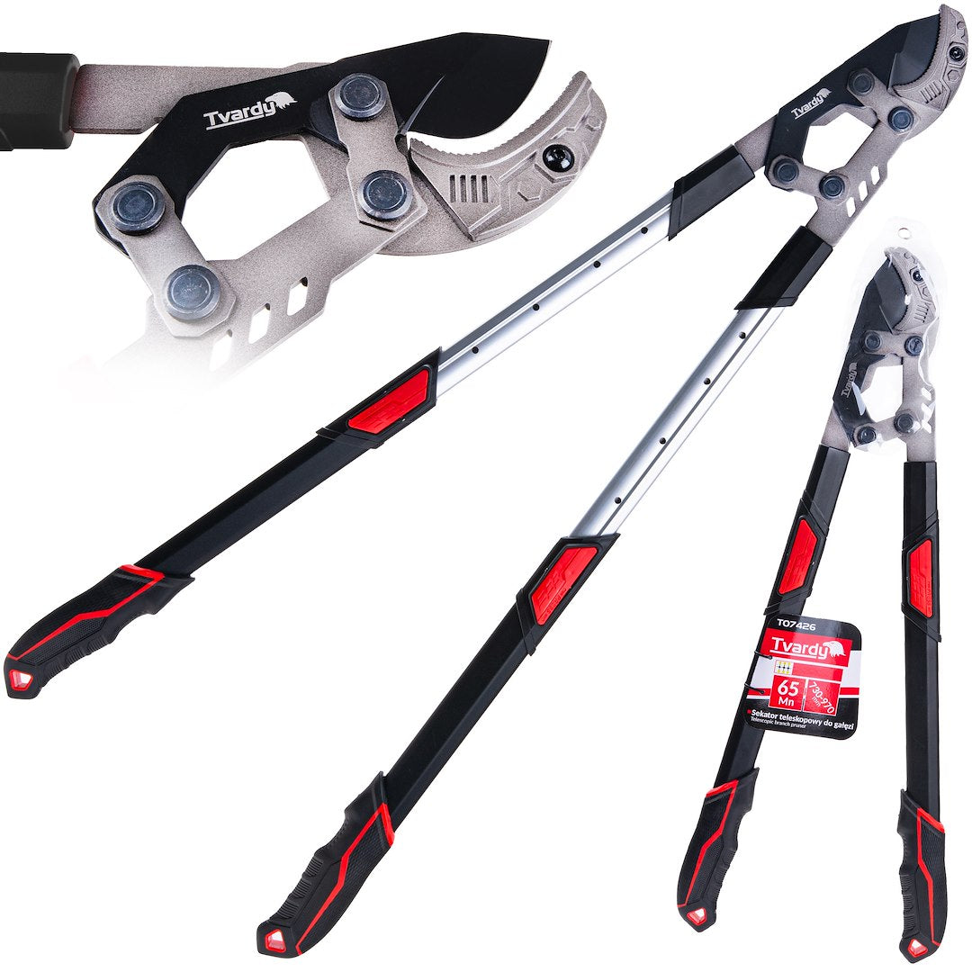 Foarfeca telescopica de gradina cu lama tip nicovala si angrenaj, 730 - 970 mm, 65 Mn, PTFE, Tvardy T07426