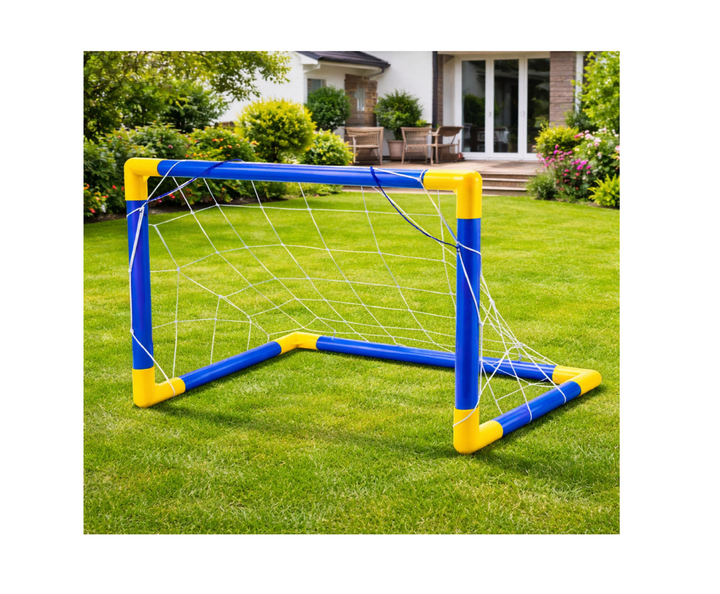 Set poarta de fotbal cu minge si pompa, 62 x 40 cm, albastru / galben, Lean 30510