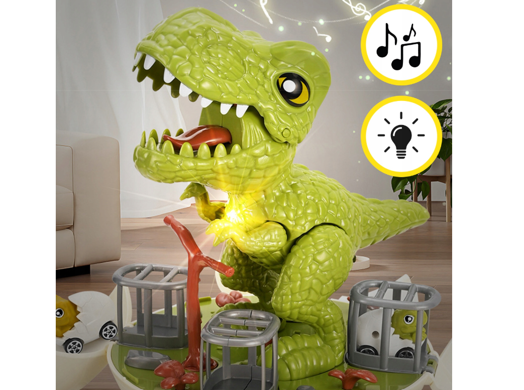 Jucarie interactiva dinozaur tip lansator cu pista 2 in 1, MalPlay 112433