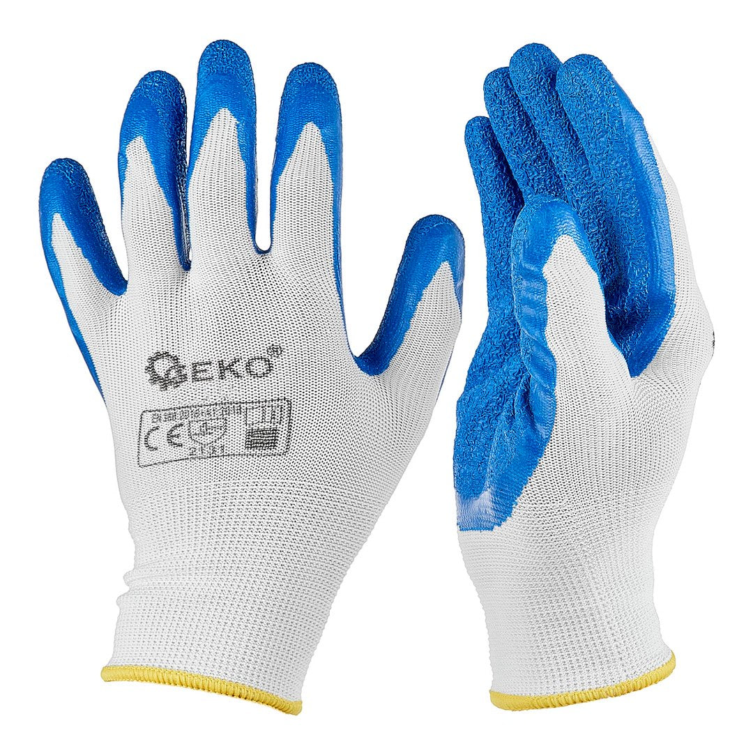 Manusi de protectie din poliester si acoperite cu latex, marimea 8, alb / albastru, Geko G75047