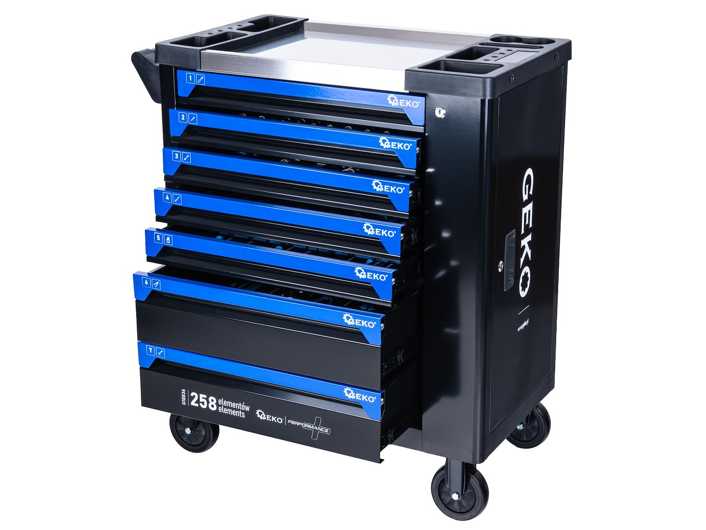 Dulap pentru atelier cu scule, 7 sertare, 258 bucati, Geko G10836