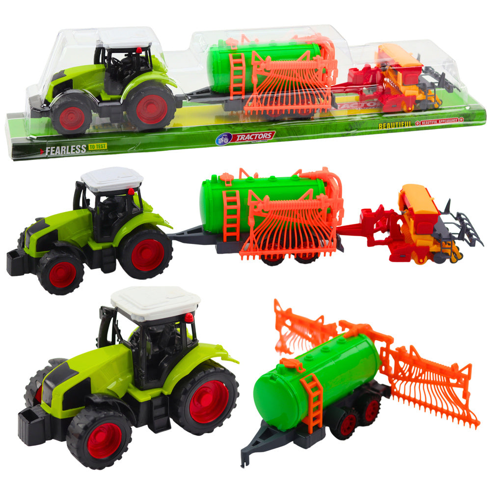 Set tractor agricol cu cisterna si grebla, 52 x 11 x 9 cm, verde / rosu, Lean 24792