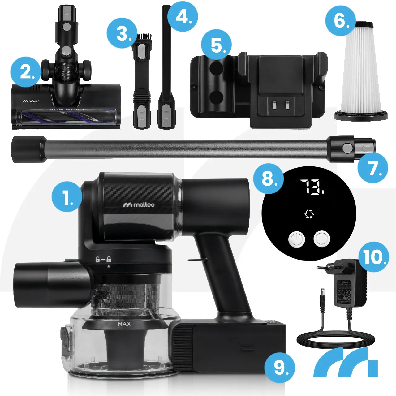 Aspirator vertical fara sac cu accesorii 3 in 1, perie electrica cu LED, 250 W, MalTec 113544