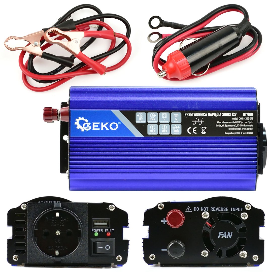 Convertor de tensiune sinus, 12 V / 230 V, 300 / 600 W, Geko G17010