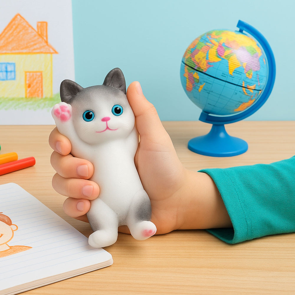 Jucarie senzoriala antistres pisicuta, 13 x 6.5 cm, alb / gri, Lean 27272