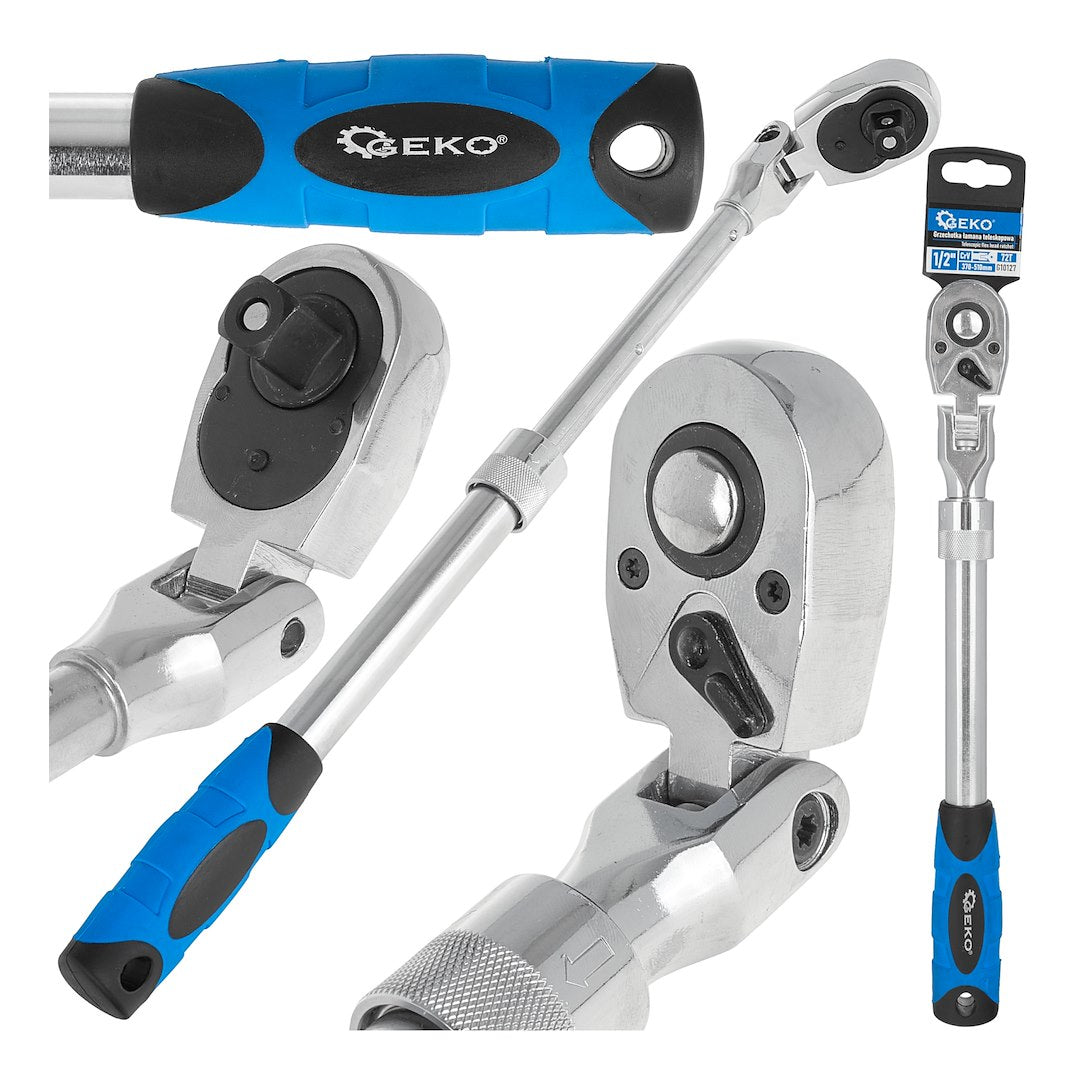 Cheie cu clichet cu cap flexibil si maner telescopic, 1 / 2", 370-510 mm, 72 T, Cr-V, Geko G10127