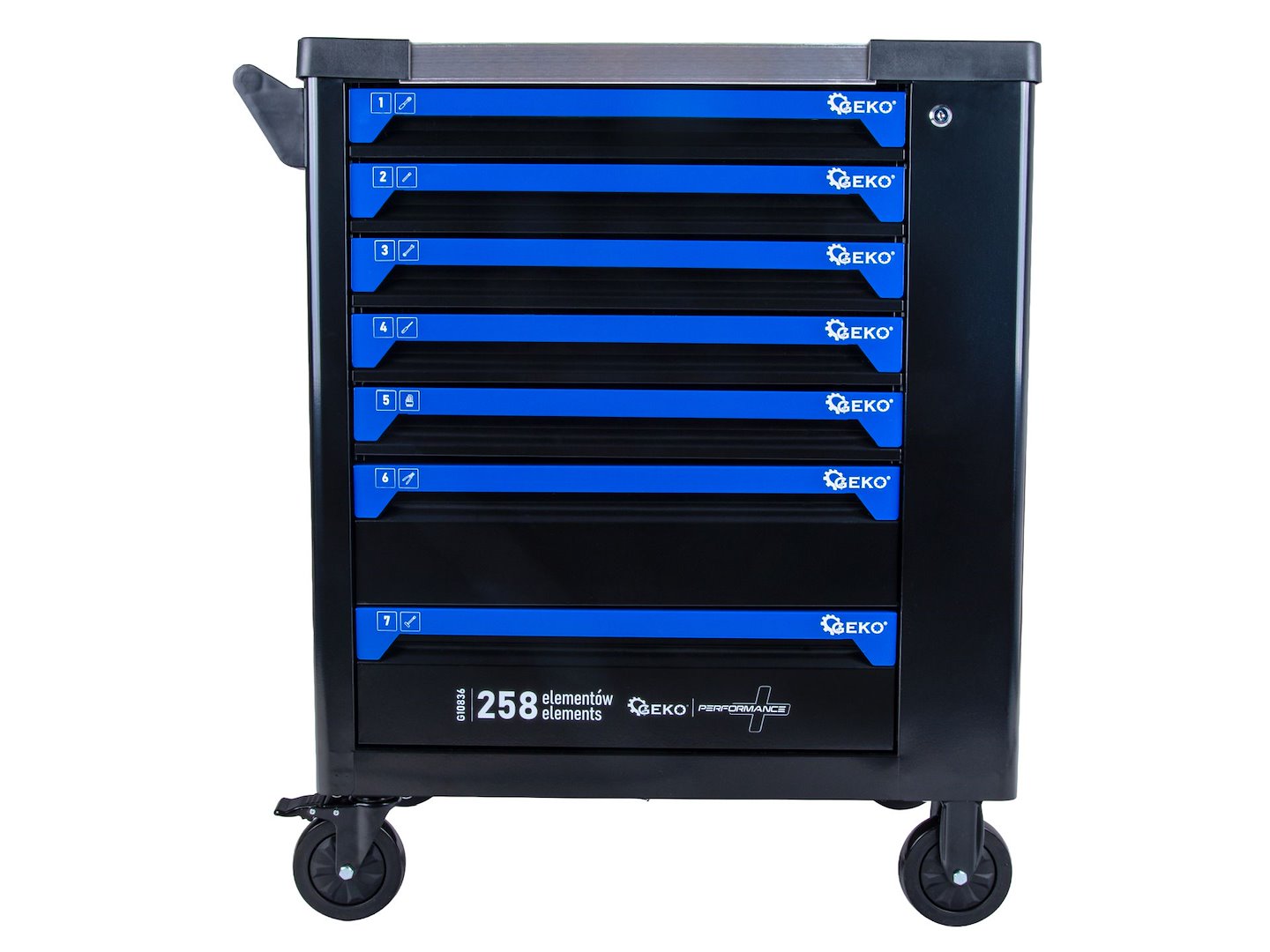 Dulap pentru atelier cu scule, 7 sertare, 258 bucati, Geko G10836