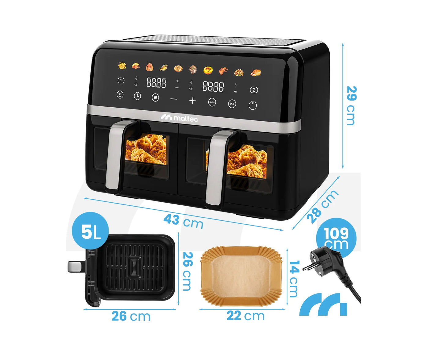 Friteuza dubla cu aer cald, 10 l, 2800 W, MalTec 113675