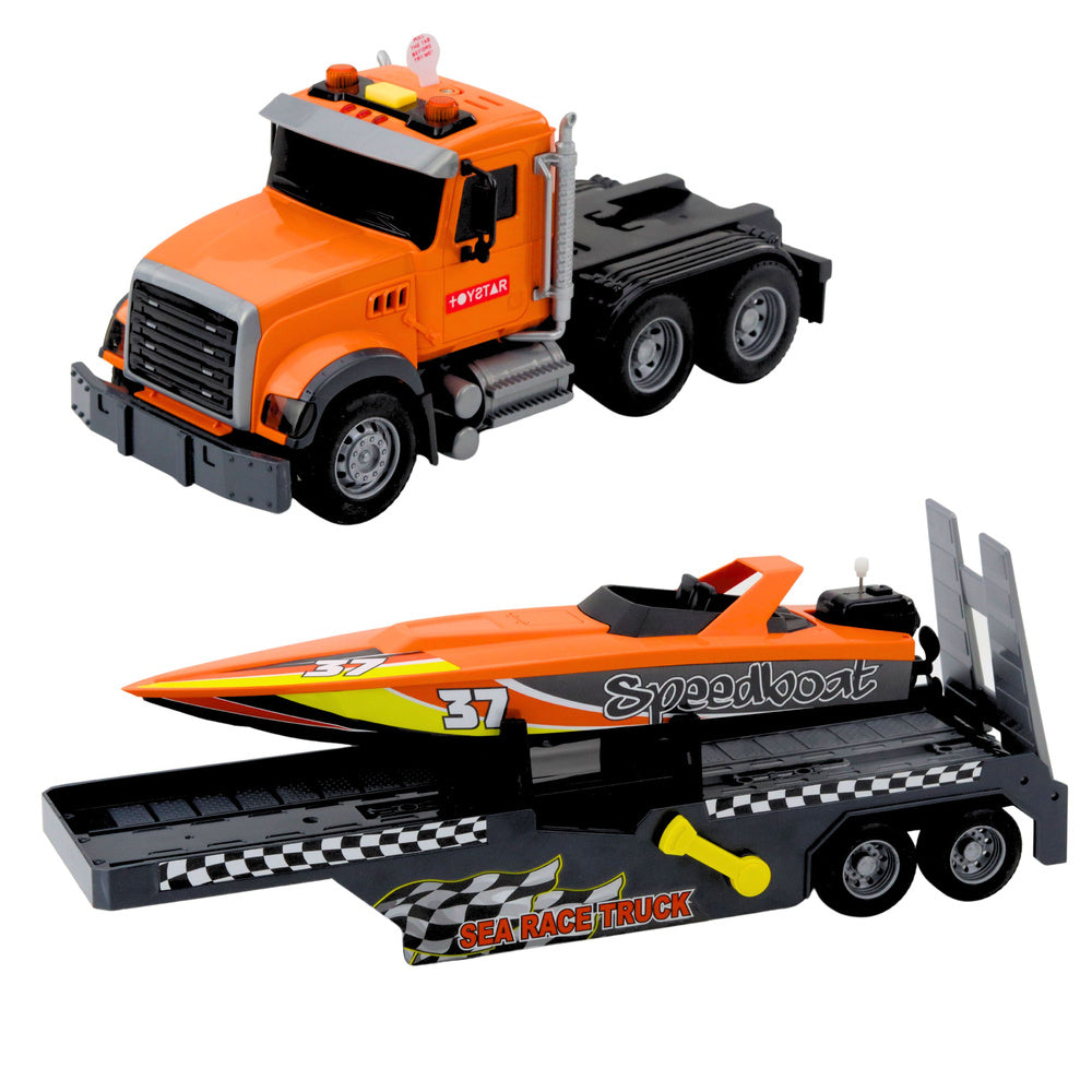 Set tir si barca de jucarie cu efecte sonore si luminoase, 53 x 14.5 x 10 cm, Lean 21473