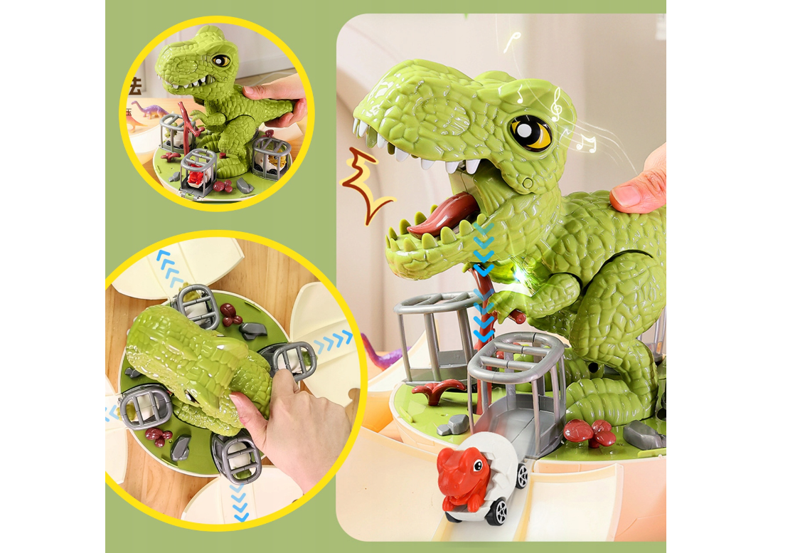 Jucarie interactiva dinozaur tip lansator cu pista 2 in 1, MalPlay 112433