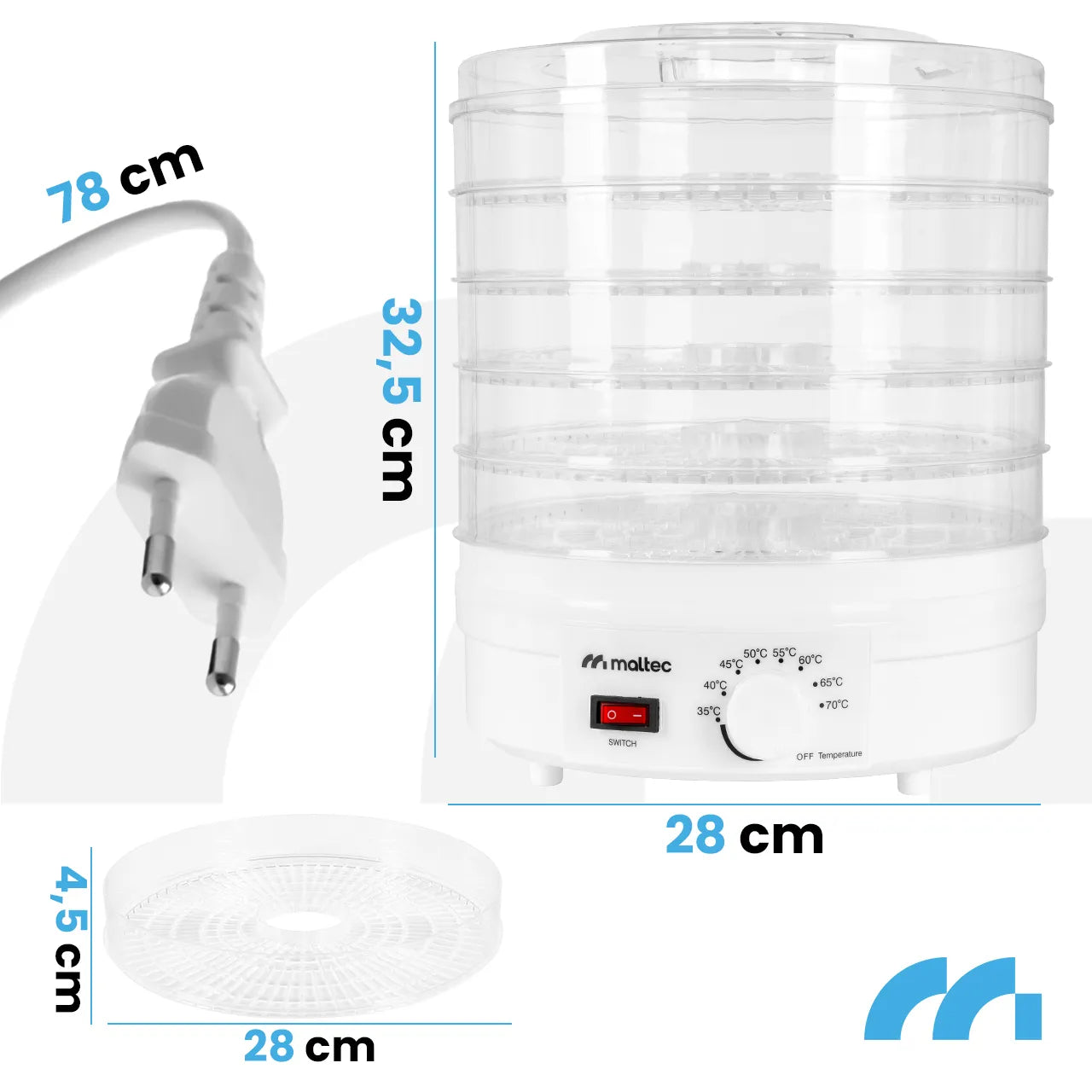 Deshidrator pentru fructe si legume, 5 nivele, 500 W, MalTec 113379