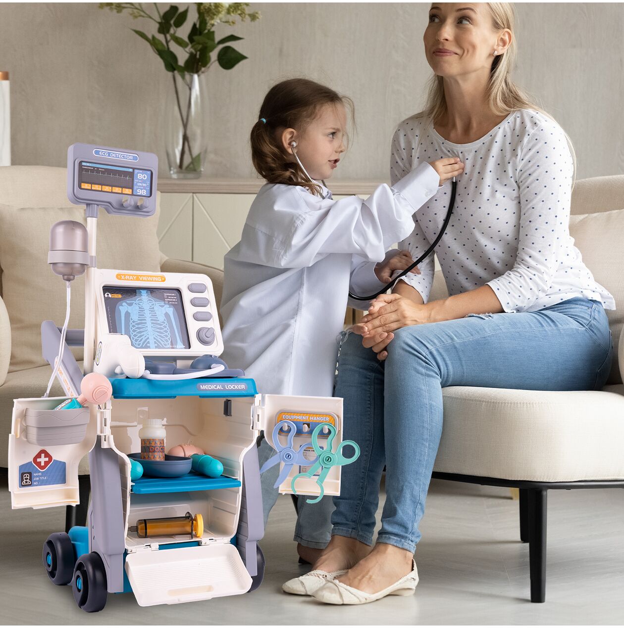 Set de joaca carucior medical mobil pe roti, 15 accesorii esentiale incluse, efecte sonore, 56.5 x 23 x 20 cm, MalPlay 110264