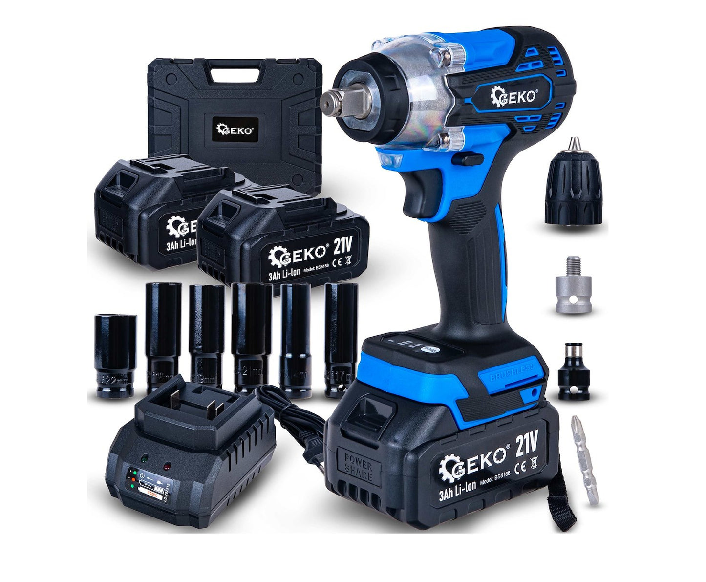 Cheie electrica de impact cu acumulator, 350 Nm, 2x3.0Ah 21V, Set XXL, Geko G80669