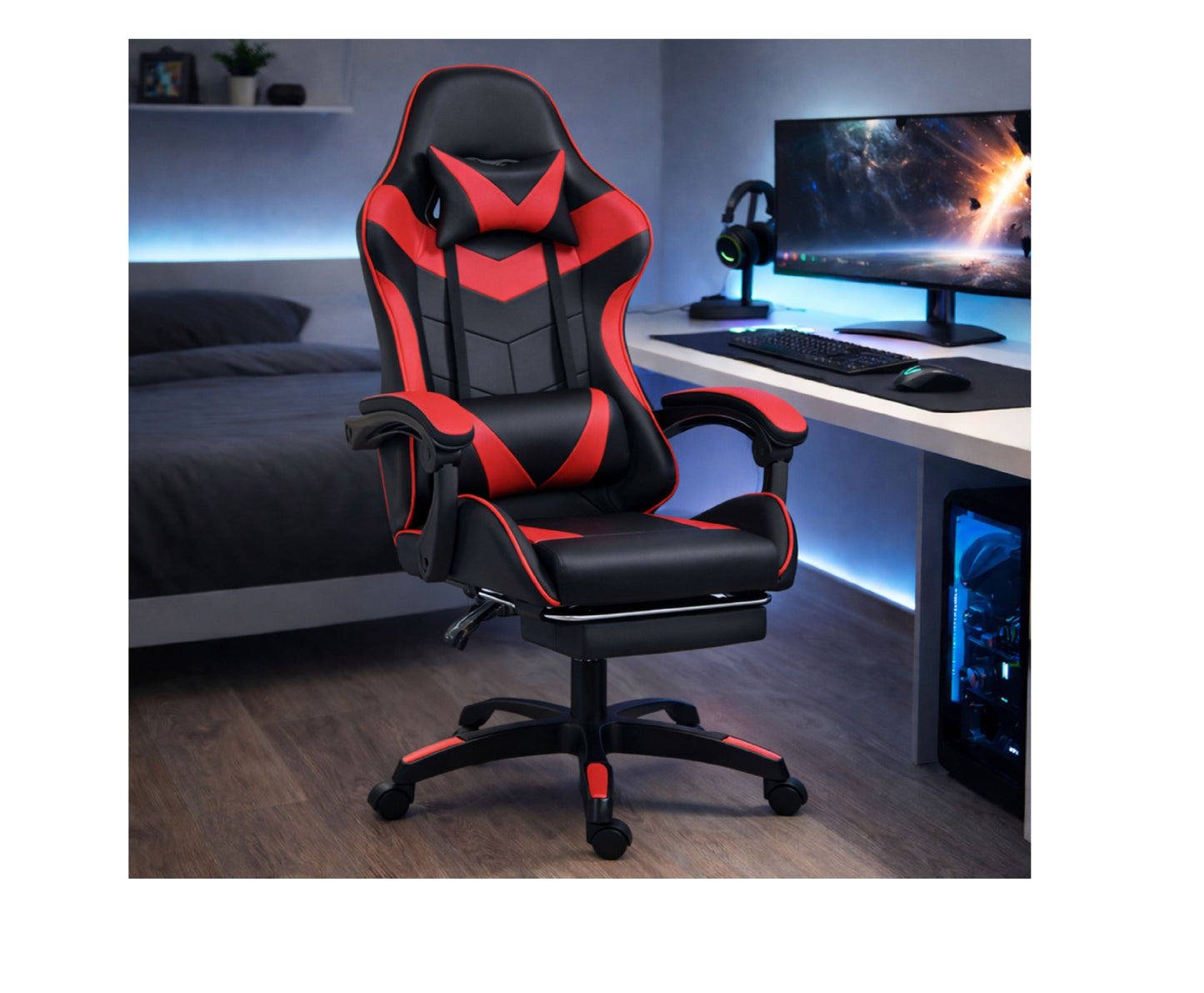 Scaun pentru gaming rotativ cu suport pentru picioare, negru / rosu, Lean 30554