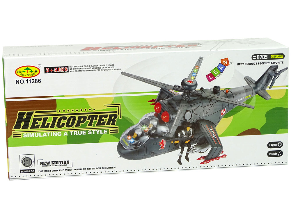 Elicopter militar cu efecte sonore si luminoase, 34 x 24 x 16 cm, set cu figurine 3 soldati, Lean 10037