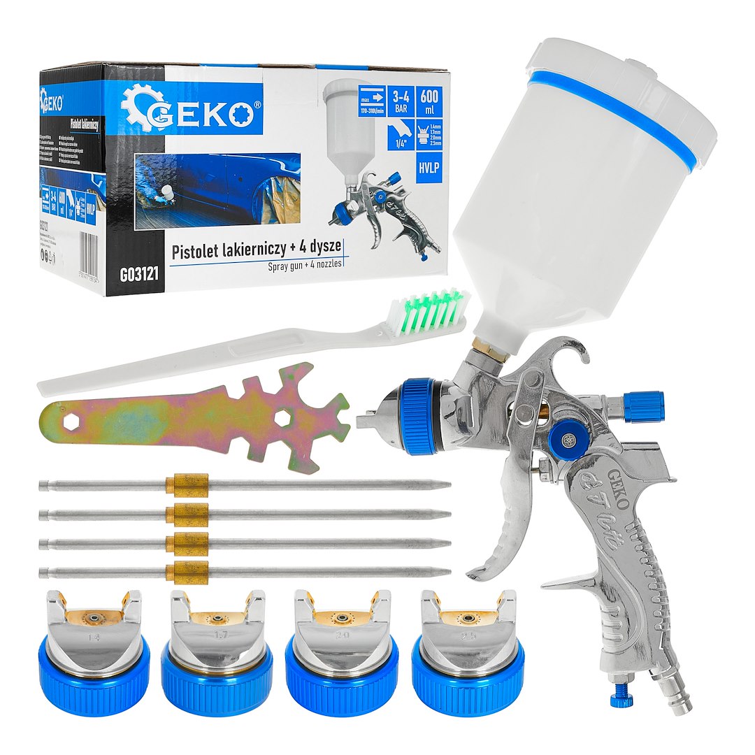 Pistol de vopsit HVLP cu 4 duze, 1.4 / 1.7 / 2.0 / 2.5, Geko G03121