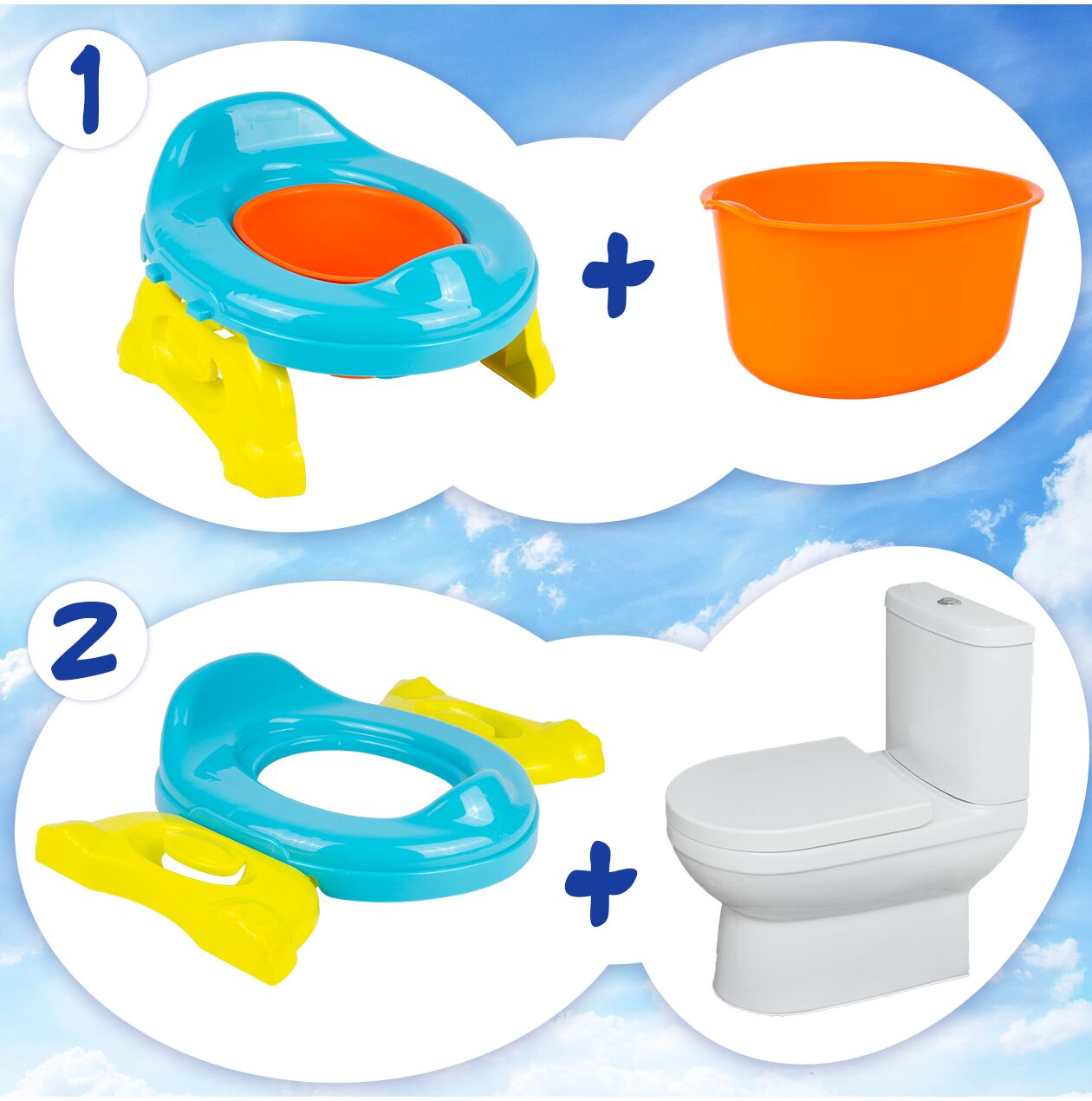 Olita portabila 2 in 1 pentru copii (suport toaleta si olita), albastru / galben / portocaliu, MalPlay 111558