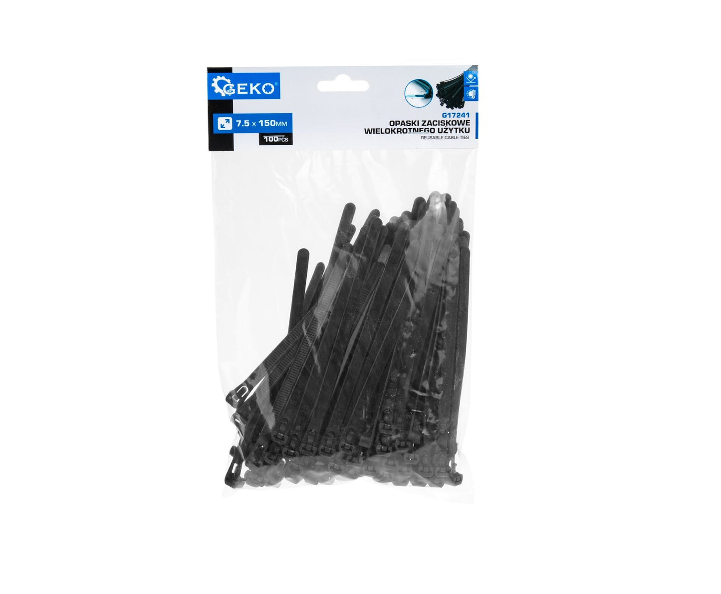 Set legaturi nylon reutilizabile, negru, 7,5x150mm, 100 bucati, Geko G17241