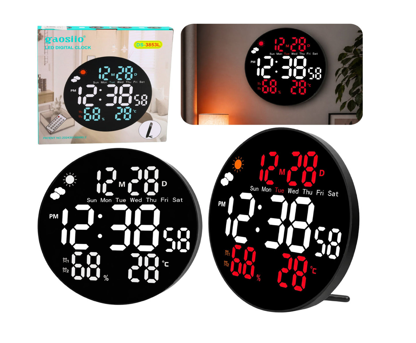 Ceas de perete digital LED cu data, temperatura, umiditate, alarma, telecomanda, 25 cm, Lean 31096
