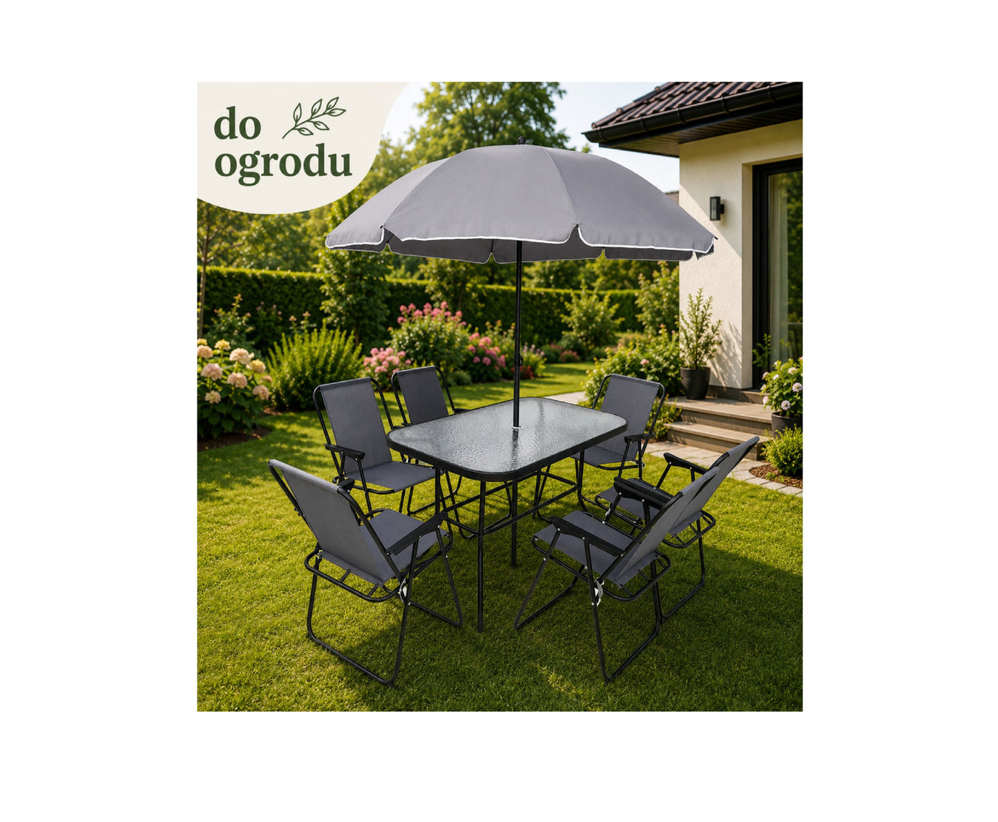 Set mobilier de gradina cu masa, 6 scaune si umbrela, Lean 29485