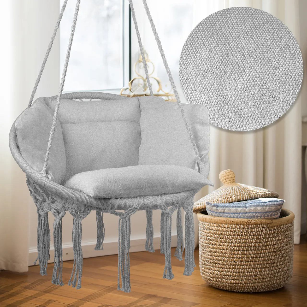 Scaun suspendat de gradina cu perne Sunwaal, 60x40x80x110x130x100 cm, cadru metalic, capacitate maxim 150 kg, gri, MalTec 112862